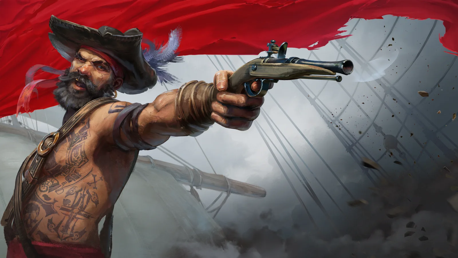 A shirtless, tattooed pirate pointing a pistol
