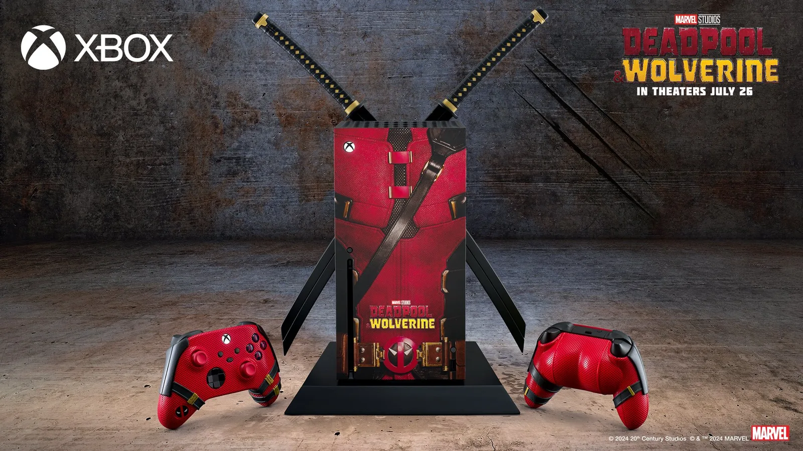 Image of a custom ‘Deadpool & Wolverine’ Xbox Series X console with two katanas attached to the backside and a Deadpool-themed covering, set in an industrial scene. Two Deadpool-themed controllers…
