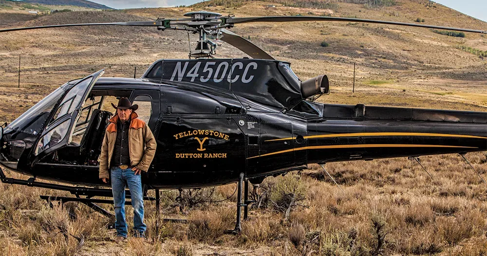 A Yellowstone ranch helicopter on the grass