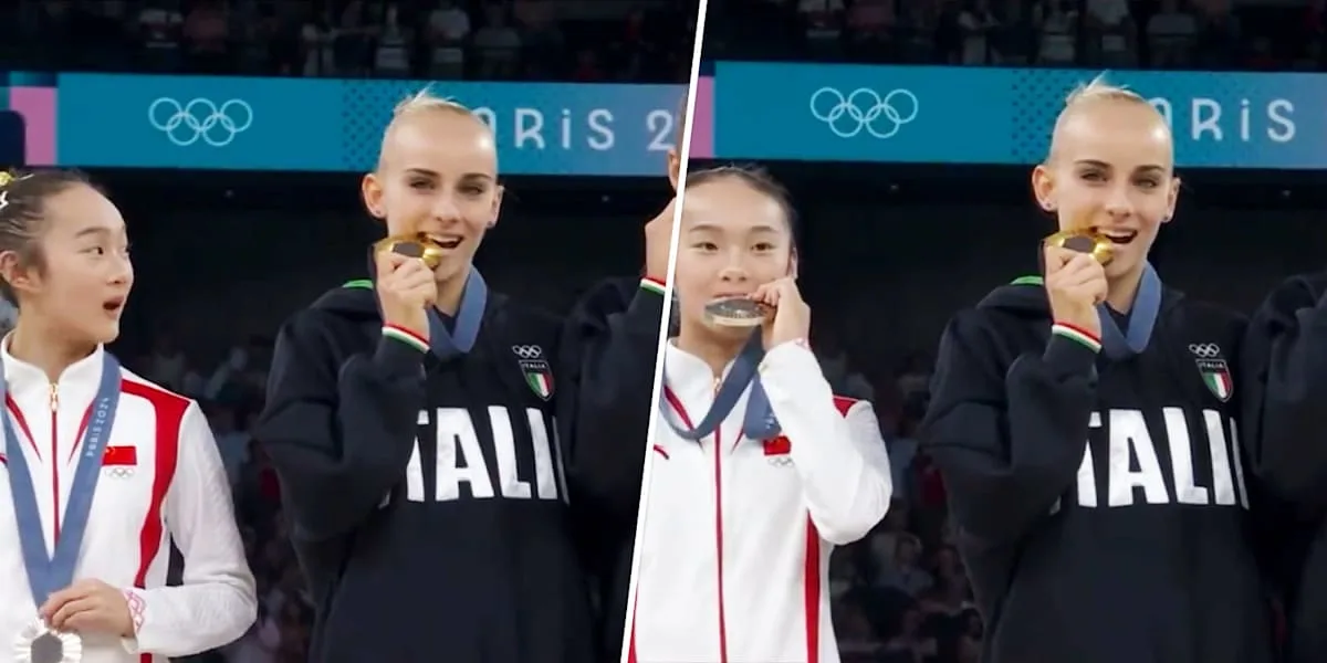 Chinese gymnast's reaction to competitors biting medals becomes meme: 'So relatable' - AOL