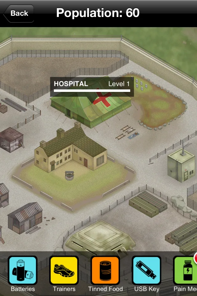 The original game’s base screen, showing the hospital and collected supplies.